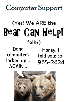 Bear Can Help! Our IT folks (OK, just one folk: Bear) can troubleshoot and fix (or set up) your home or small-business computer or computer network. Click <b>Computer Support</b> for more info!